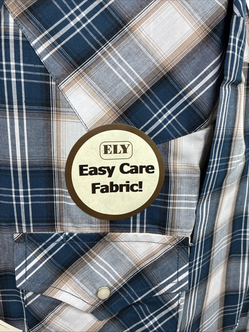New Men’s ELY Cattleman Blue Tan Flannel Short Sleeve Pearl Snap 4XL E-68