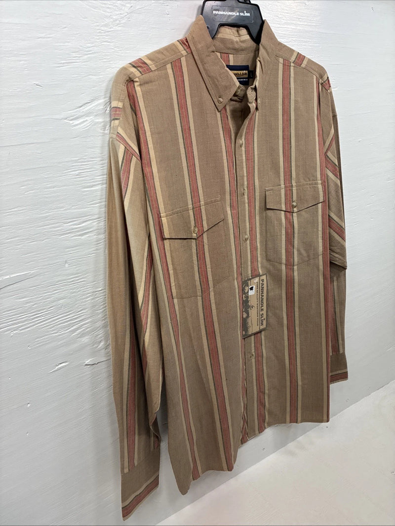 New Men’s Panhandle Slim Brown Red stripe Long Sleeve Button Up Large V-41