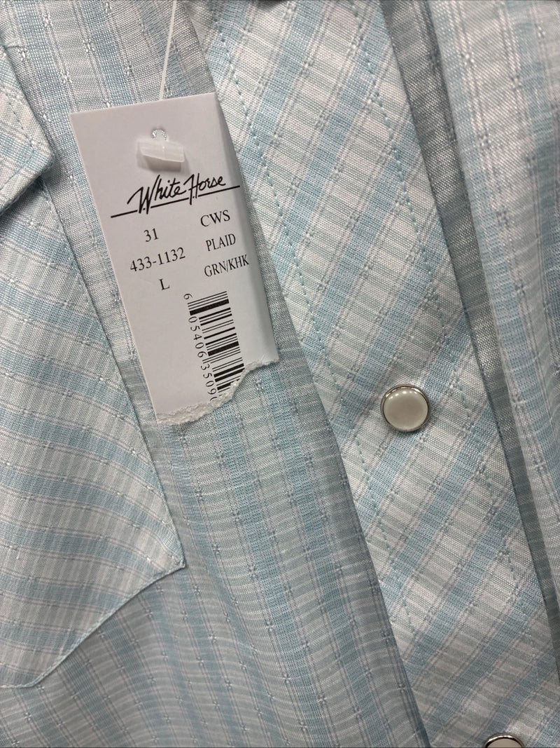 New Men’s White Horse Blue Plaid Short Sleeve Pearl Snap Large CC-46