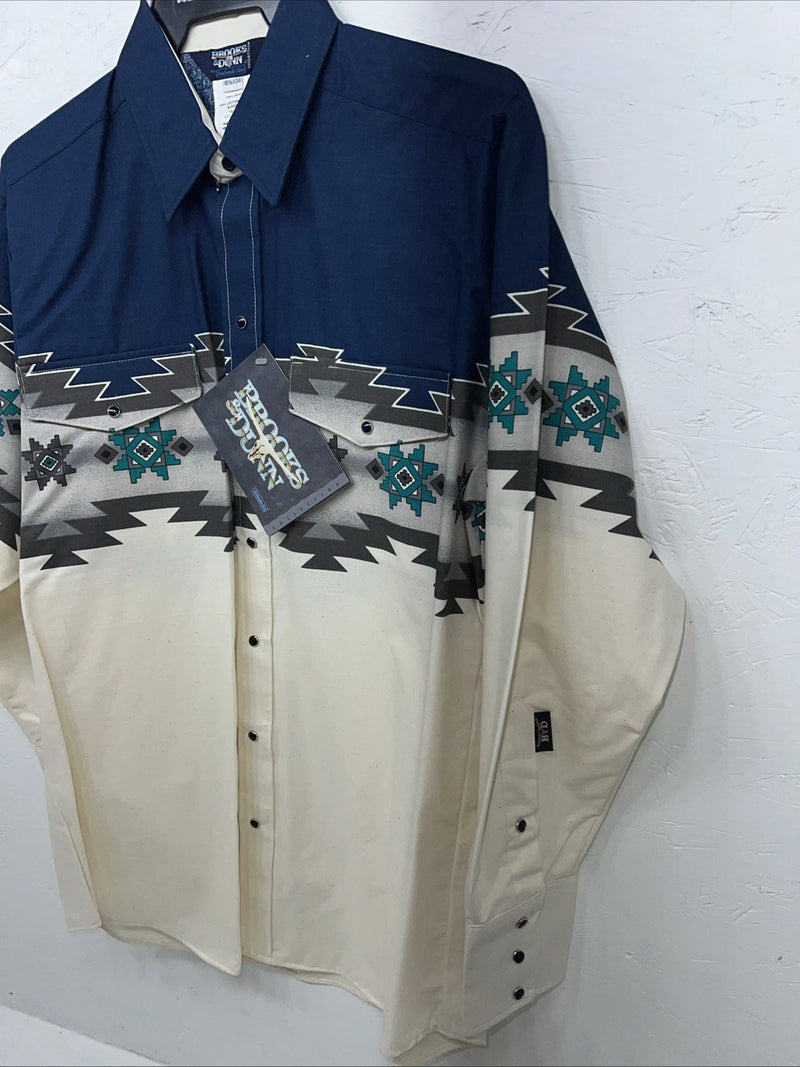New Men’s Blue White Brooks&Dunn Long Sleeve Pearl Snap Shirt. 16.5x34 L P-63