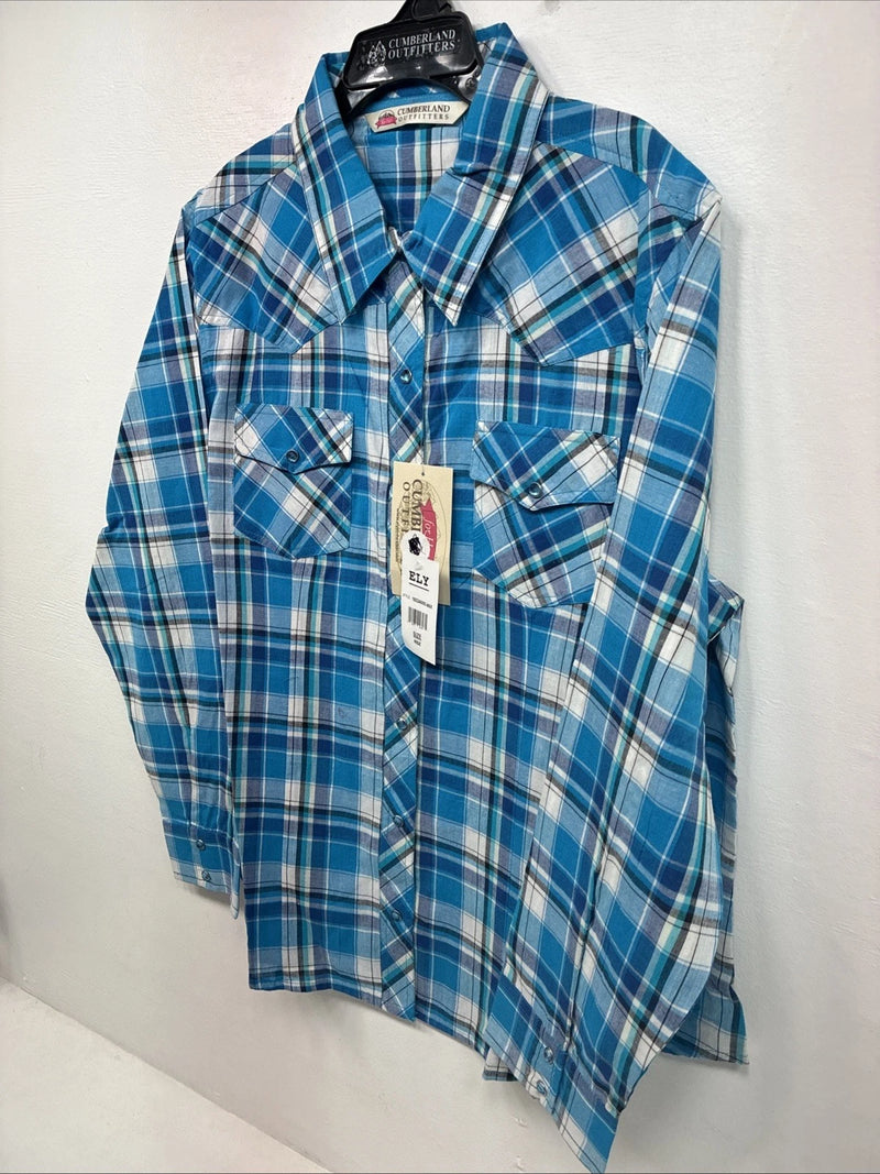 New Women’s Cumberland Blue Plaid Long Sleeve Pearl Snap XL GG-63
