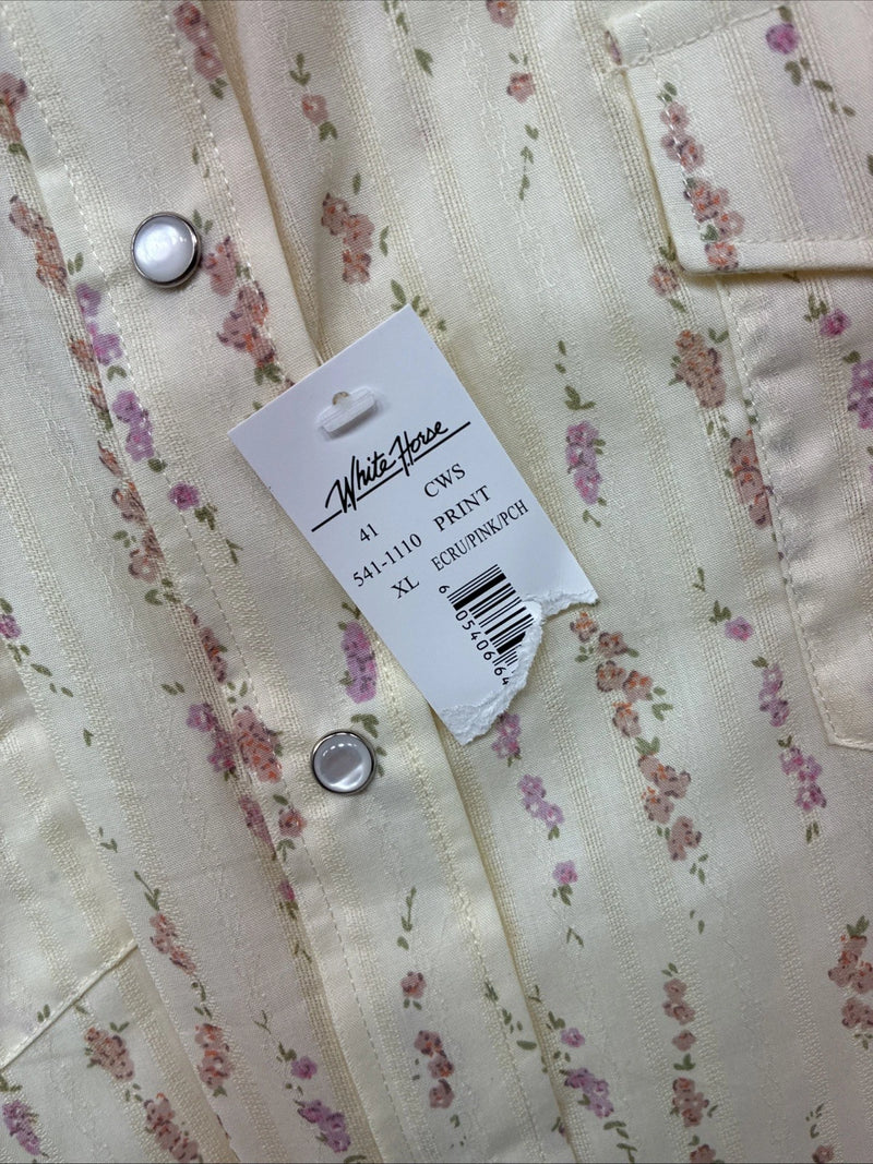 New Women’s White Horse Yellow Floral Short Sleeve Pearl Snap XL II-94