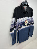 New Women’s Cumberland Blue Horse Design Long Sleeve Pearl Snap Medium YY-83