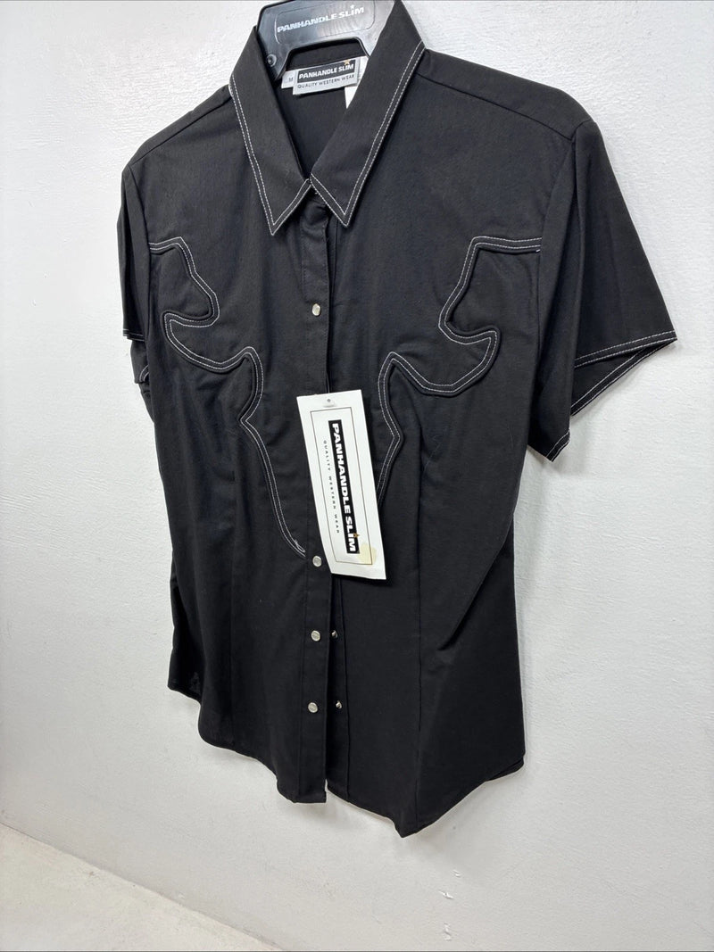New Women’s Panhandle Slim Black Short Sleeve Pearl Snap Medium TT-23