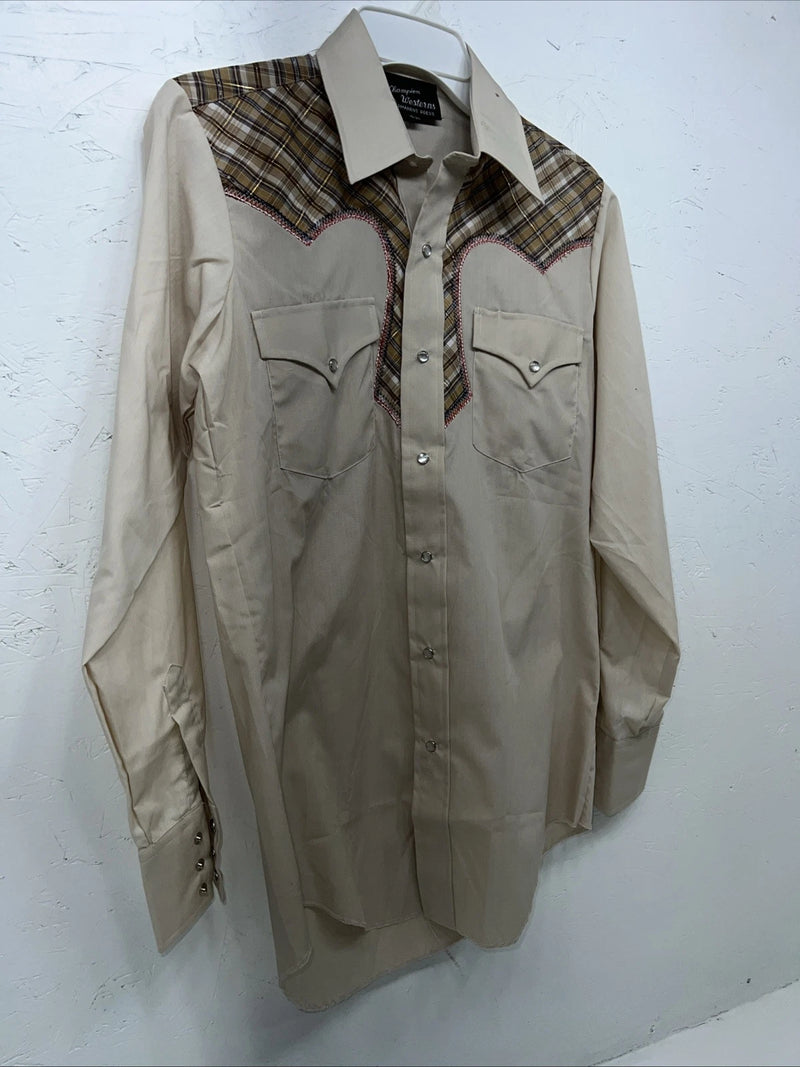 New Men’s Champion western Tan Long Sleeve Pearl Snap 14.5 X 33 Small A-191