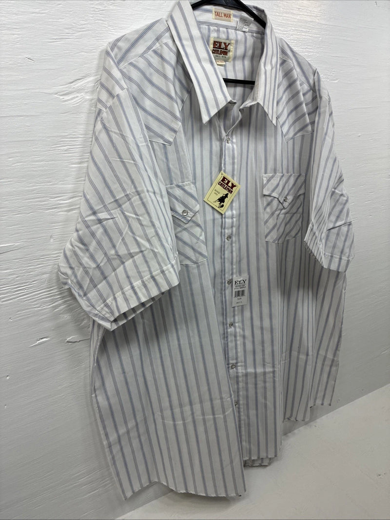 New Men’s ELY Cattleman White Stripe Like Short Sleeve Pearl Snap 3XL H-67