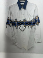 New Men’s White Blue Cumberland Outfitters Pearl Snap Long Sleeve Medium I-54