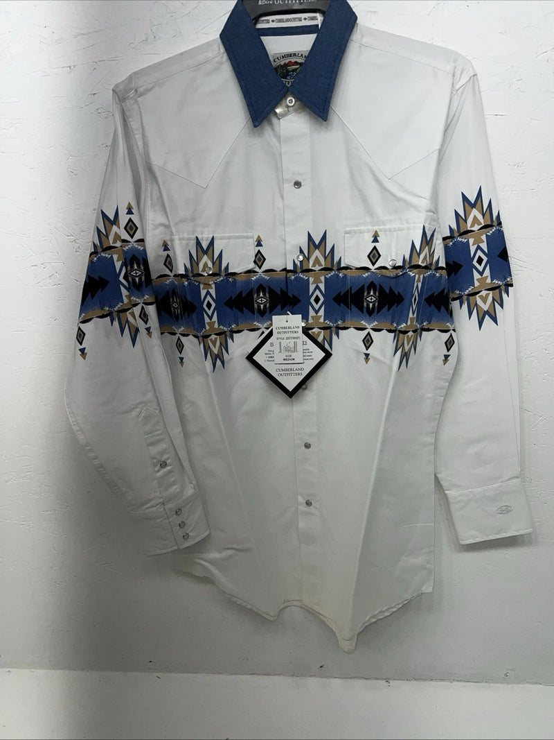 New Men’s White Blue Cumberland Outfitters Pearl Snap Long Sleeve Medium I-54