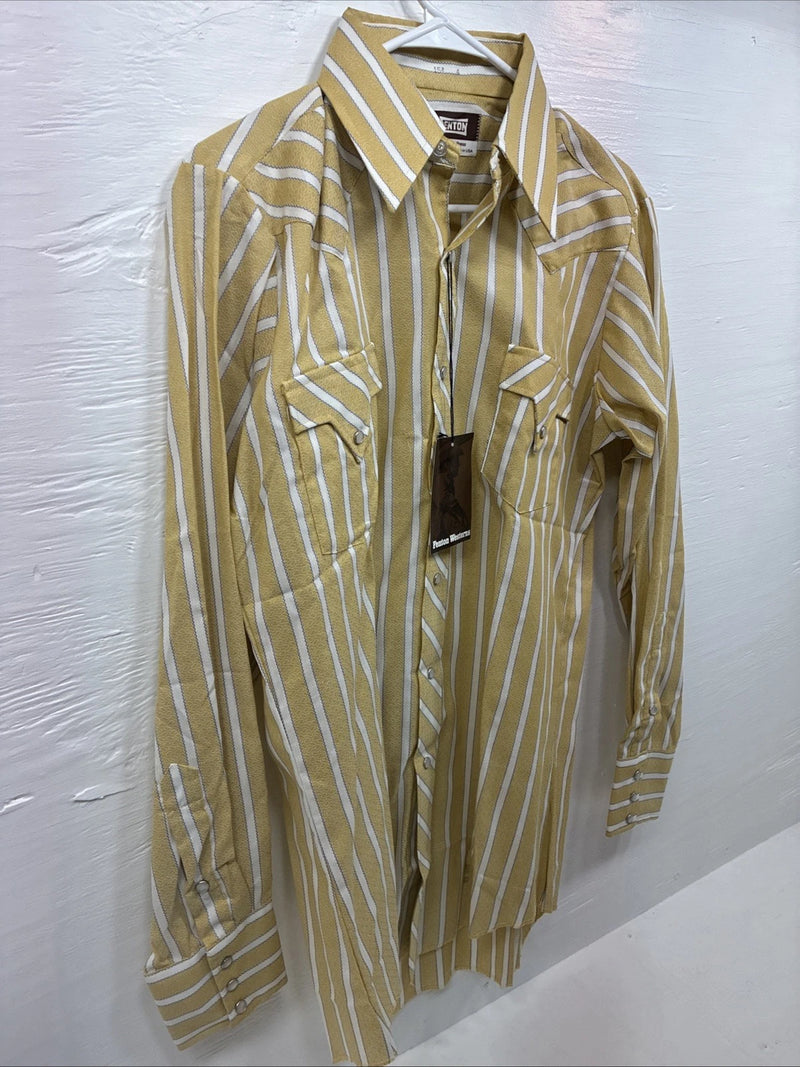 New Men’s Fenton Yellow White Strip Long Sleeve Pearl Snap Medium J-54