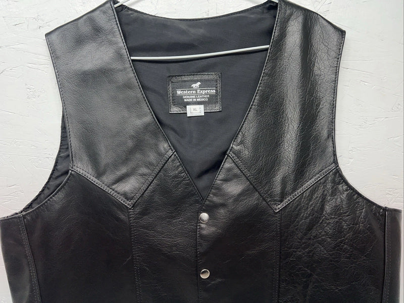 New Men’s Black Western Express Leather Biker Vest XL Q-603