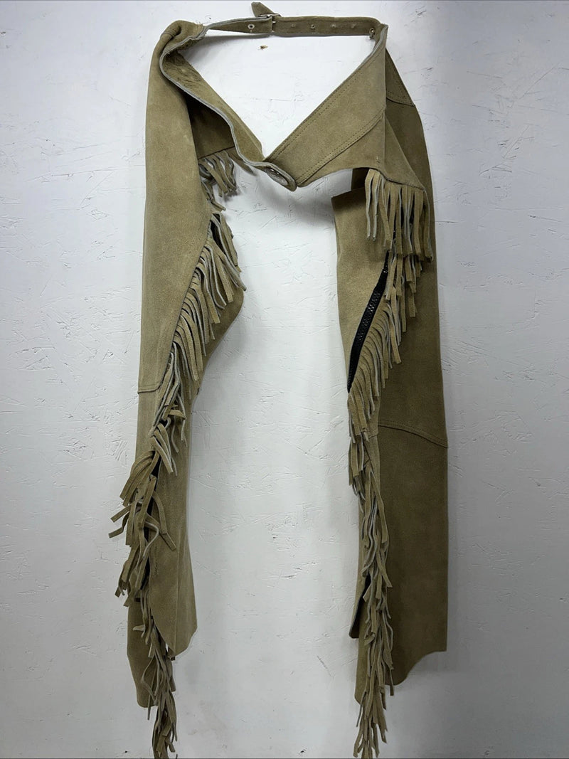 NOS Tan Equi-grip Show Chaps XL With Fringe Adjustable Waist 33” I-77