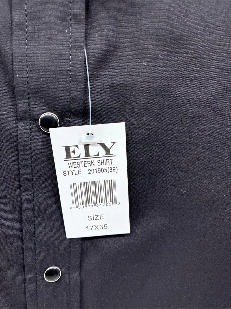 New Men’s ELY Cattleman Black Simple Long Sleeve Pearl Snap 17 XL O-44