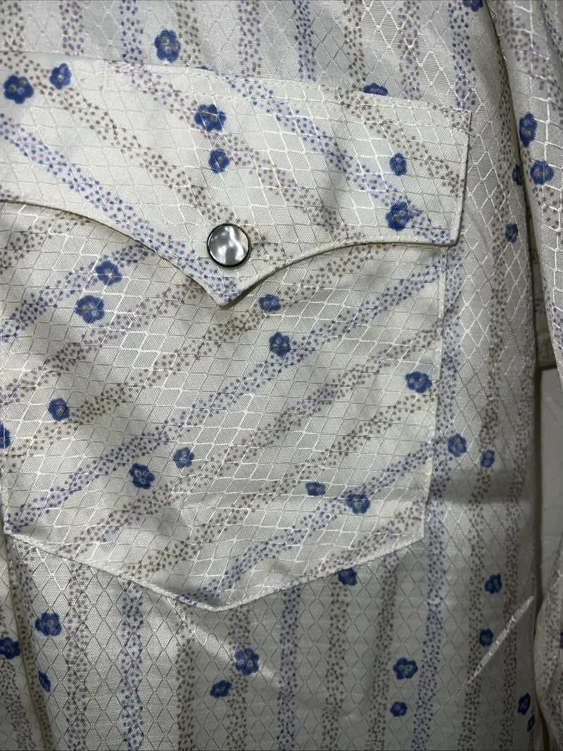 New Men’s White Floral HbarC Ranchwear Long Sleeve Pearl Snap Shirt 16x34 L S-32