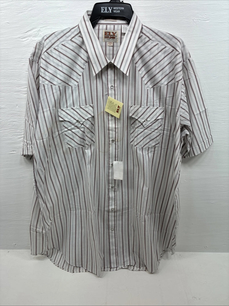 New Men’s ELY Cattleman Stripe Short Sleeve Pearls Snap 18.5 2XL F-63