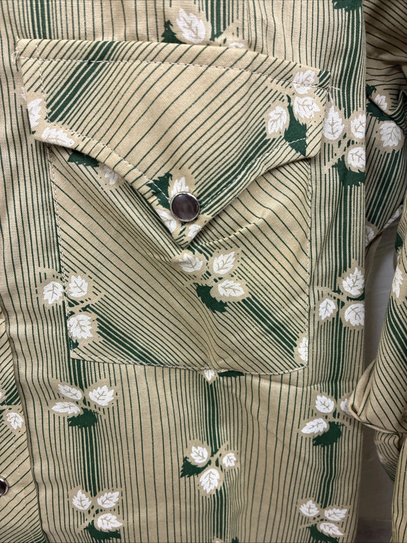 New Men’s ELY Plains Tan Green Floral Long Sleeve Pearl Snap 14.5 Small X-111