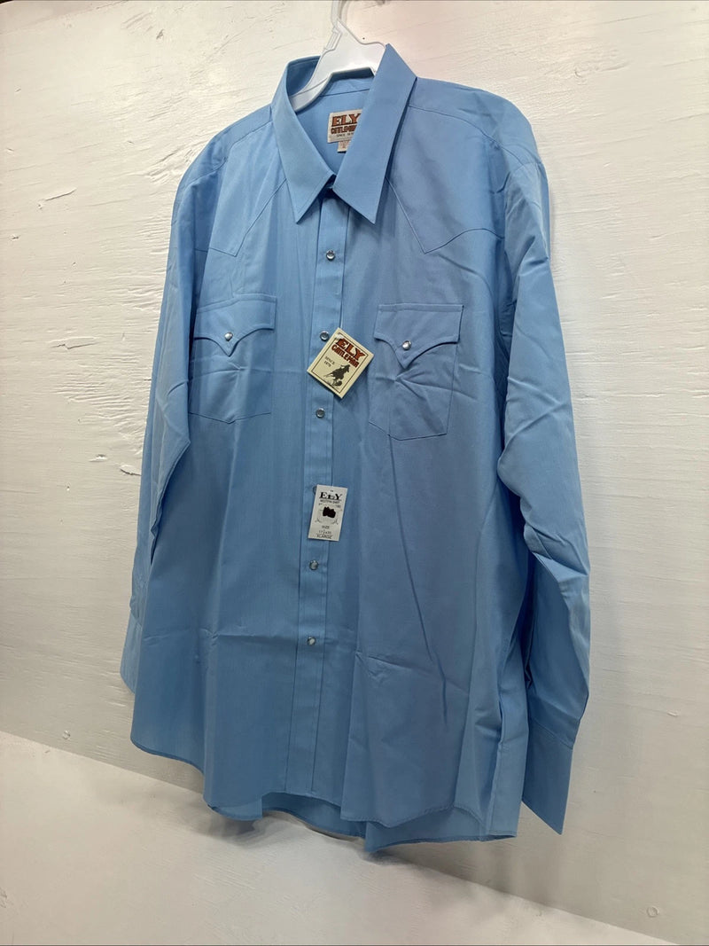 New Men’s ELY Cattleman Blue Simple Long Sleeve Pearl Snap XL F-86