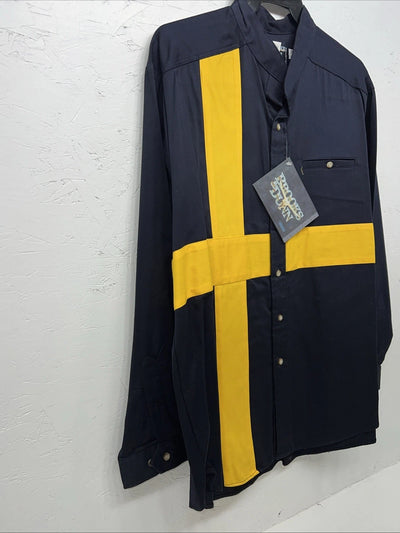 New Mens Yellow Navy Brooks&Dunn Long Sleeve Button Up Shirt. 18x35 XXL G-62