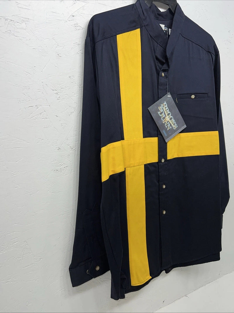 New Mens Yellow Navy Brooks&Dunn Long Sleeve Button Up Shirt. 18x35 XXL G-62