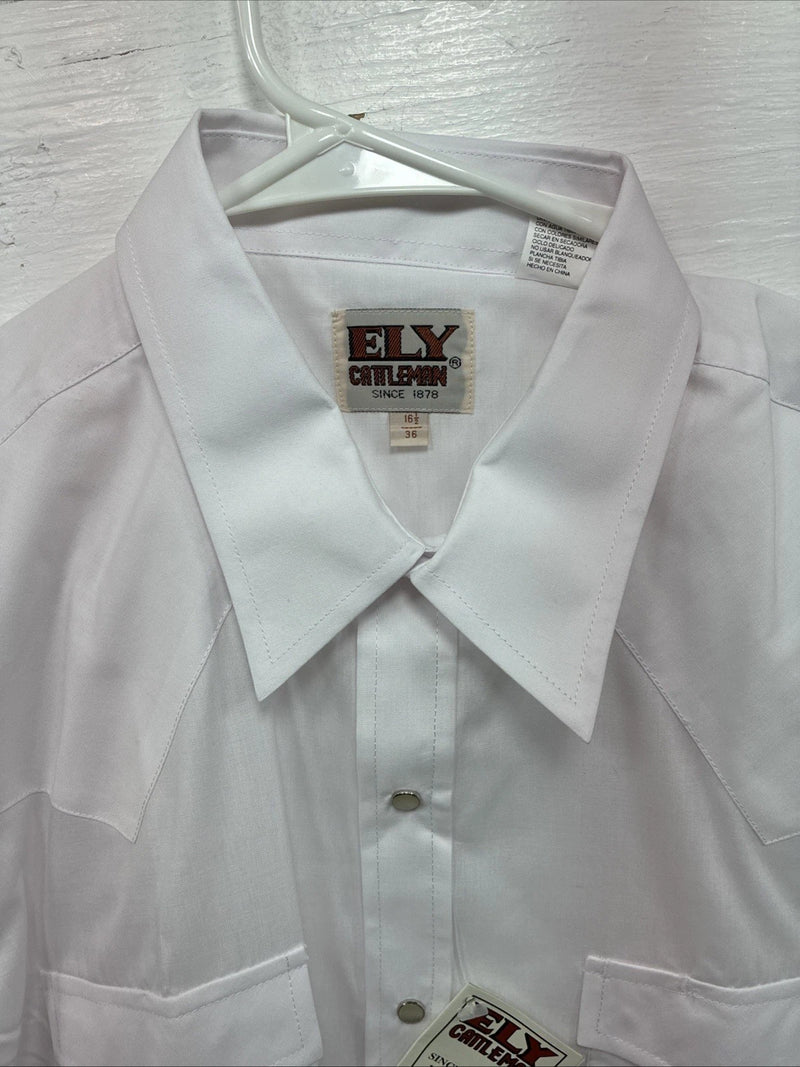 New Men’s ELY Cattleman White Long Sleeve Pearl Snap 16.5 X 36 Large AA-70