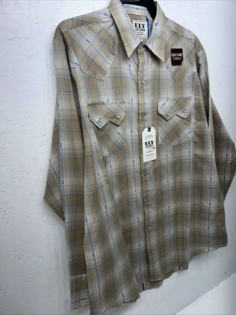 New Men’s Yellow Plaid ELY Cattleman Long Sleeve Pearl Snap Shirt. L P-53