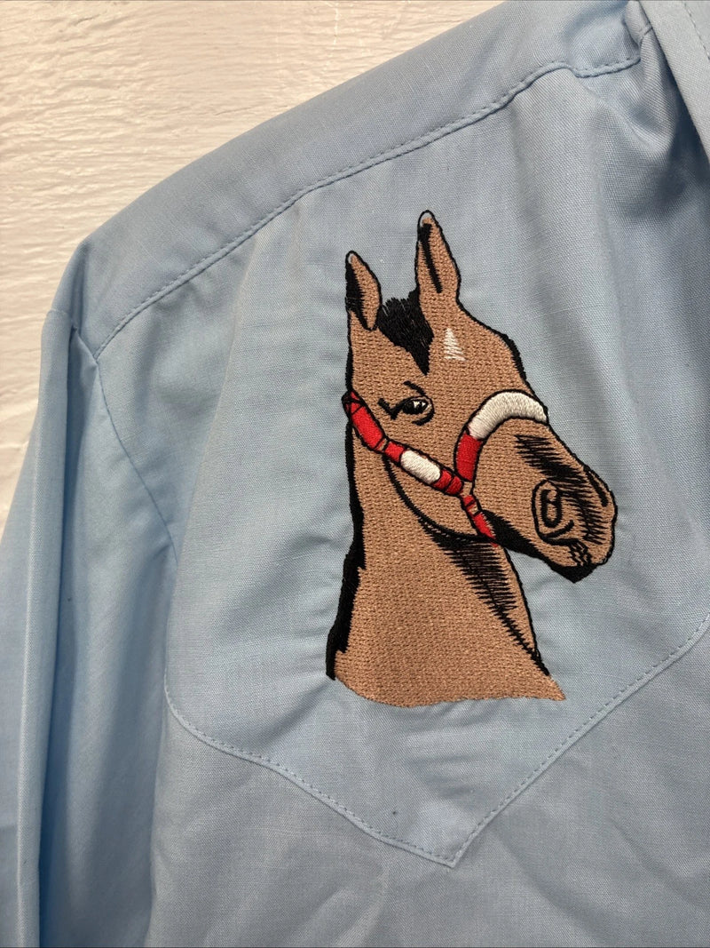New Men’s ELY Wildlife Blue Horse Embroidered Long Sleeve Pearl Snap Small M-33