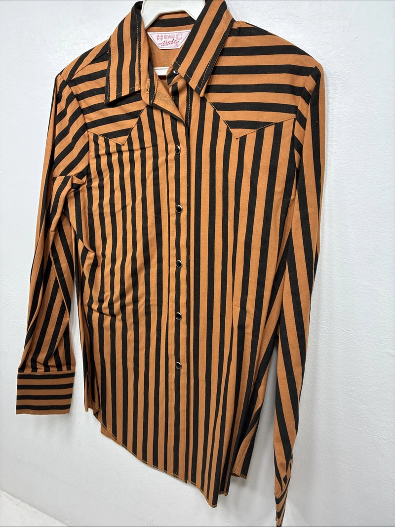 New Women’s H Bar C Orange Black Stripe Long Sleeve Pearl Snap Size 34 LL-103
