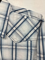New Men’s ELY 1878 White Blue Plaid Long Sleeve Pearl Snap XL J-38