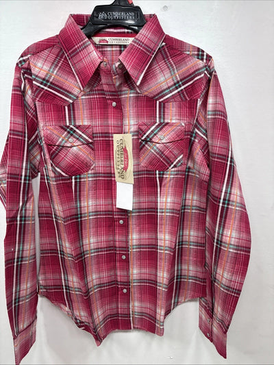 New Women’s Cumberland Pink plaid Long Sleeve Pearl Snap Small DD-98