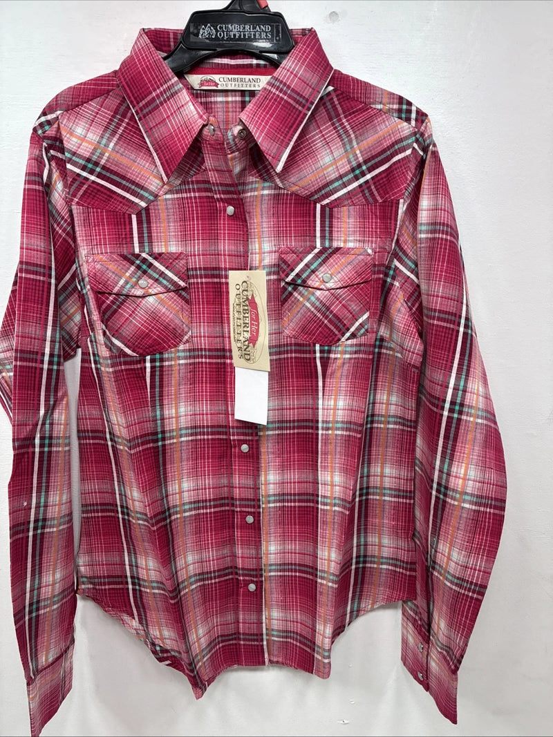 New Women’s Cumberland Pink plaid Long Sleeve Pearl Snap Small DD-98