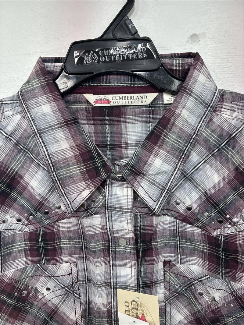 New Women’s Cumberland Purple Plaid Long Sleeve Pearl Snap 2XL KK-78