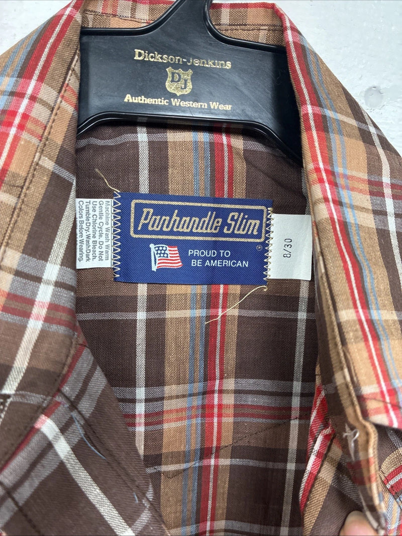 New Boys Panhandle Slim Brown Plaid Long Sleeve Pearl Snap Size 8 DD-102