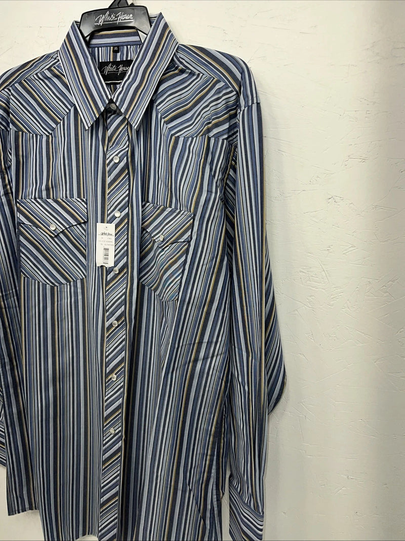 New Men’s Blue White House Long Sleeve Pearl Snap Shirt. XL S-25