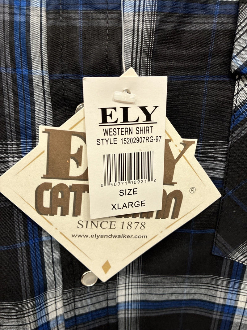 New Men’s ELY Cattleman Blue Black Plaid Long Sleeve Pearl Snap XL O-66