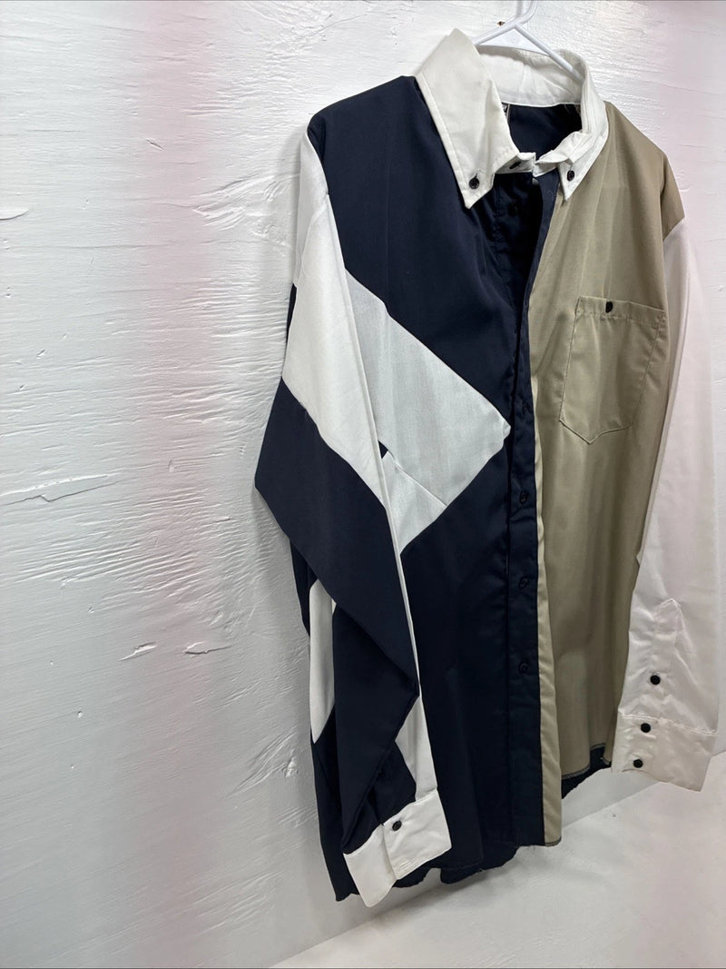 New Men’s Cowboy Threads Blue tan White Long Sleeve Pearl Snap Large V-32