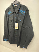 New Women’s Cumberland Black Blue Design Long Sleeve Pearl Snap 1XL LL-107