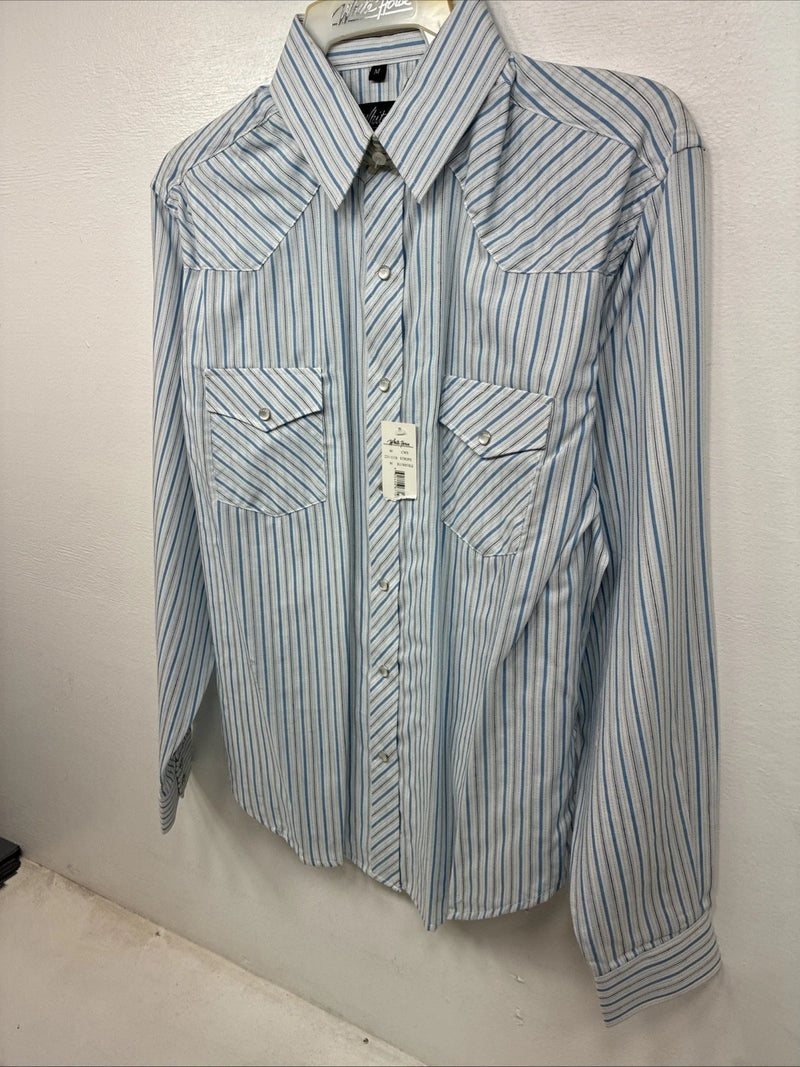 New Women’s White Horse Blue White Stripe Long Sleeve Pearl Snap Medium YY-119