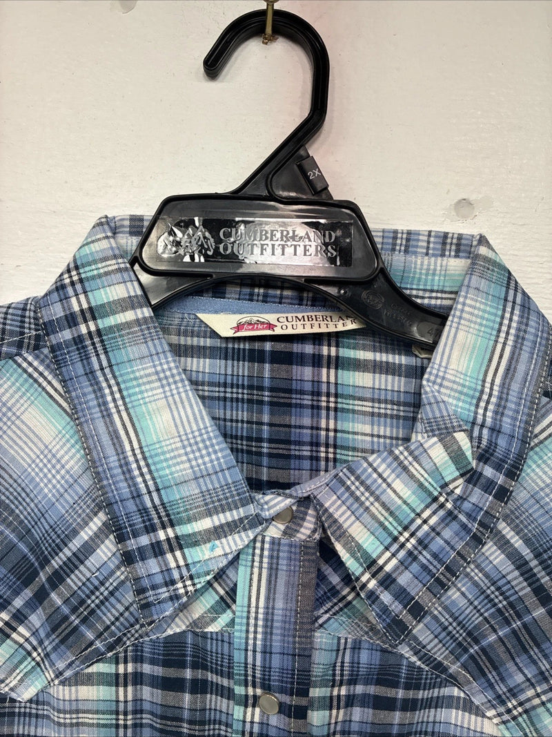 New Women’s Cumberland Blue Plaid Long Sleeve Pearl Snap 2XL GG-44