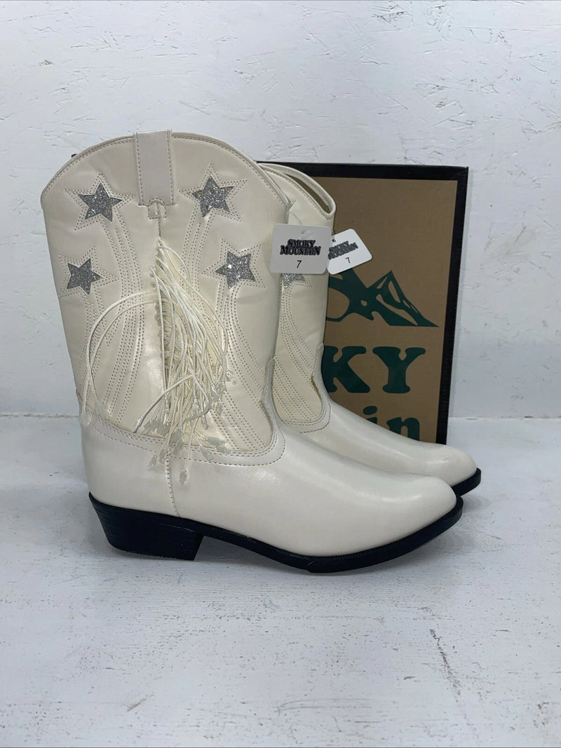 New Women’s White With Fringe Smoky Mountain Cowboy Boots. 1057 J 7 M. 18-47