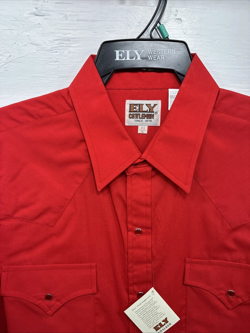 New Men’s ELY Cattleman Red Simple Short Sleeve Pearl Snap 17 XL J-22