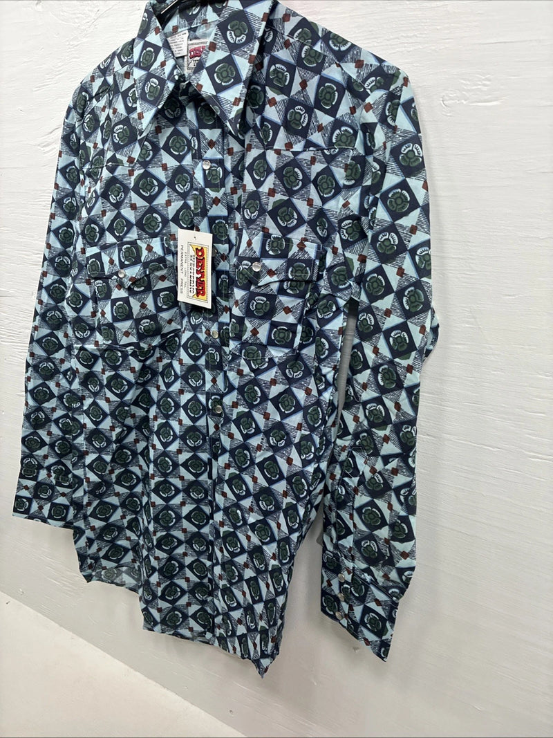 New Mens Denver Blue Design Long Sleeve Pearl Snap 14.5 Small AA-80 