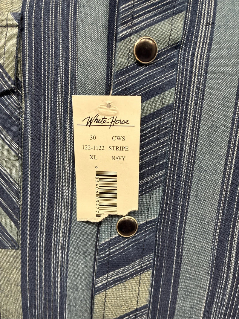 New Men’s White Horse Blue Green Stripe Long Sleeve Pearl Snap XL H-66