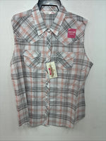 New Women’s Cumberland Pink Gray Plaid Short Sleeve Pearl Snap XL GG-76