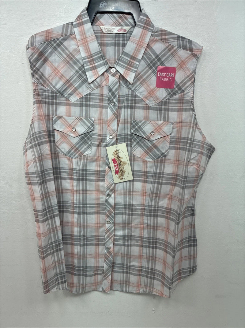 New Women’s Cumberland Pink Gray Plaid Short Sleeve Pearl Snap XL GG-76