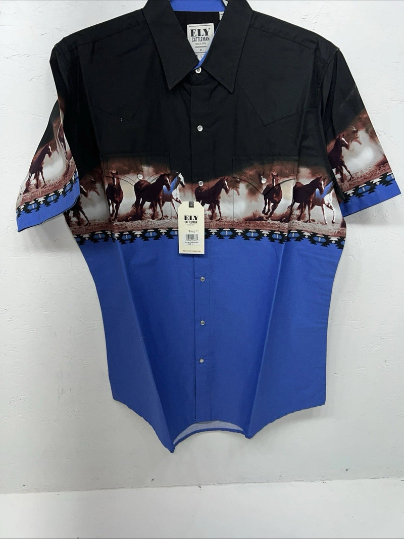 New Men’s Black Blue Horse ELY Cattleman Short Sleeve Pearl Snap Shirt. L P-71