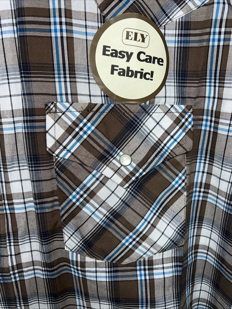New Men’s Brown Plaid ELY Cattleman Short Sleeve Pearl Snap Shirt. XL Tall S-29