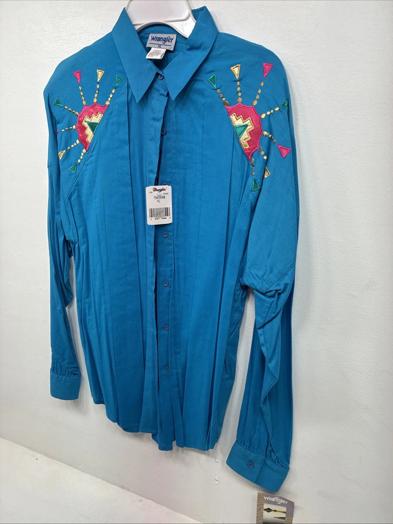 New Women’s Wrangler Blue Designed Long Sleeve Pearl Snap XL II-19