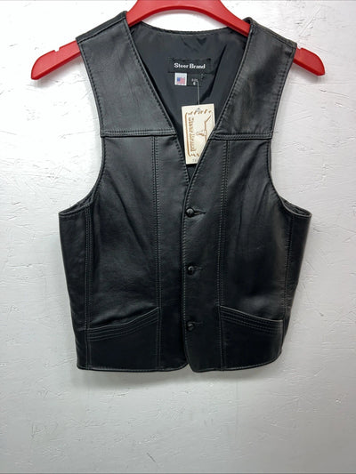 New Women’s Steerbrand Black Leather Biker Vest Small S-601