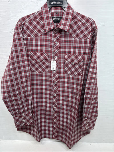 New Men’s White Horse Red Plaid Long Sleeve Western Pearl Snap XL J-39