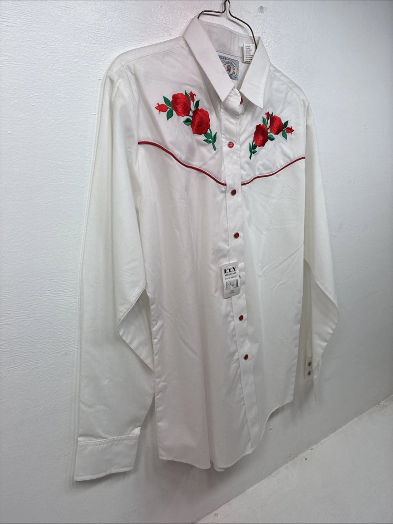 New Women’s Country Charmers White Rose Long  Sleeve Pearl Snap Large KK-118