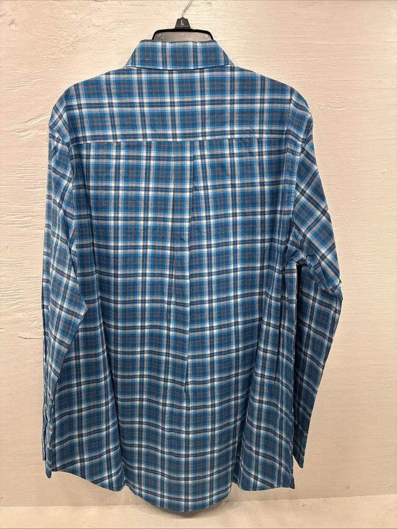 New Men’s ELY Cattleman Blue Plaid Long Sleeve Pearl Button Up Large CC-19